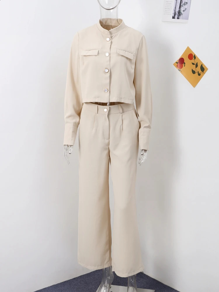 Casual Solid Short Coat Pants Set Womens Single Chest Pocket Long Sleeve Jacket Wide Leg Trousers Autumn Set 240927