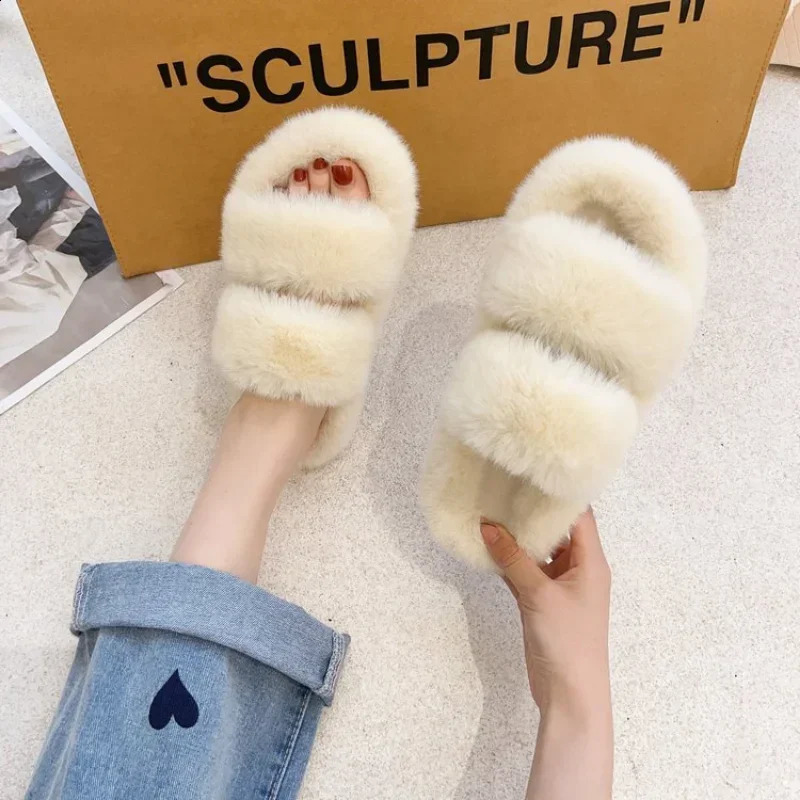 Fashion One Word Thick Fur Slippers Double Fur Slippers Casual Home Cotton Shoes for Women Flat Plush Cross Straps Slippers2024 240927