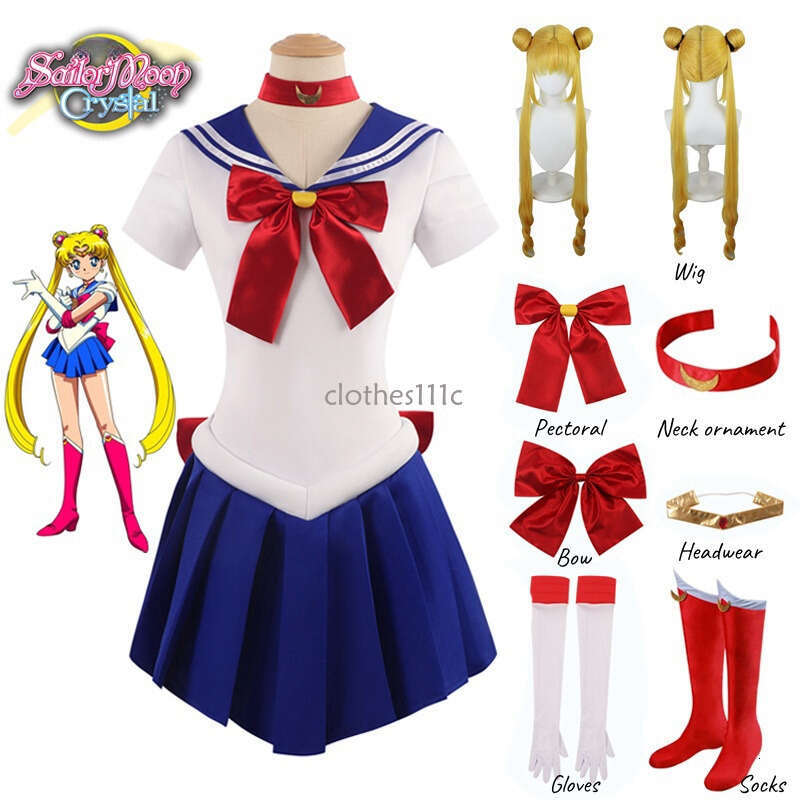 Women's Moon Tsukino Usagi Adult Cosplay Costume 7 Pcs Set Crystal Sailor Suit Dress Wig Props Uniform Outfit Halloween