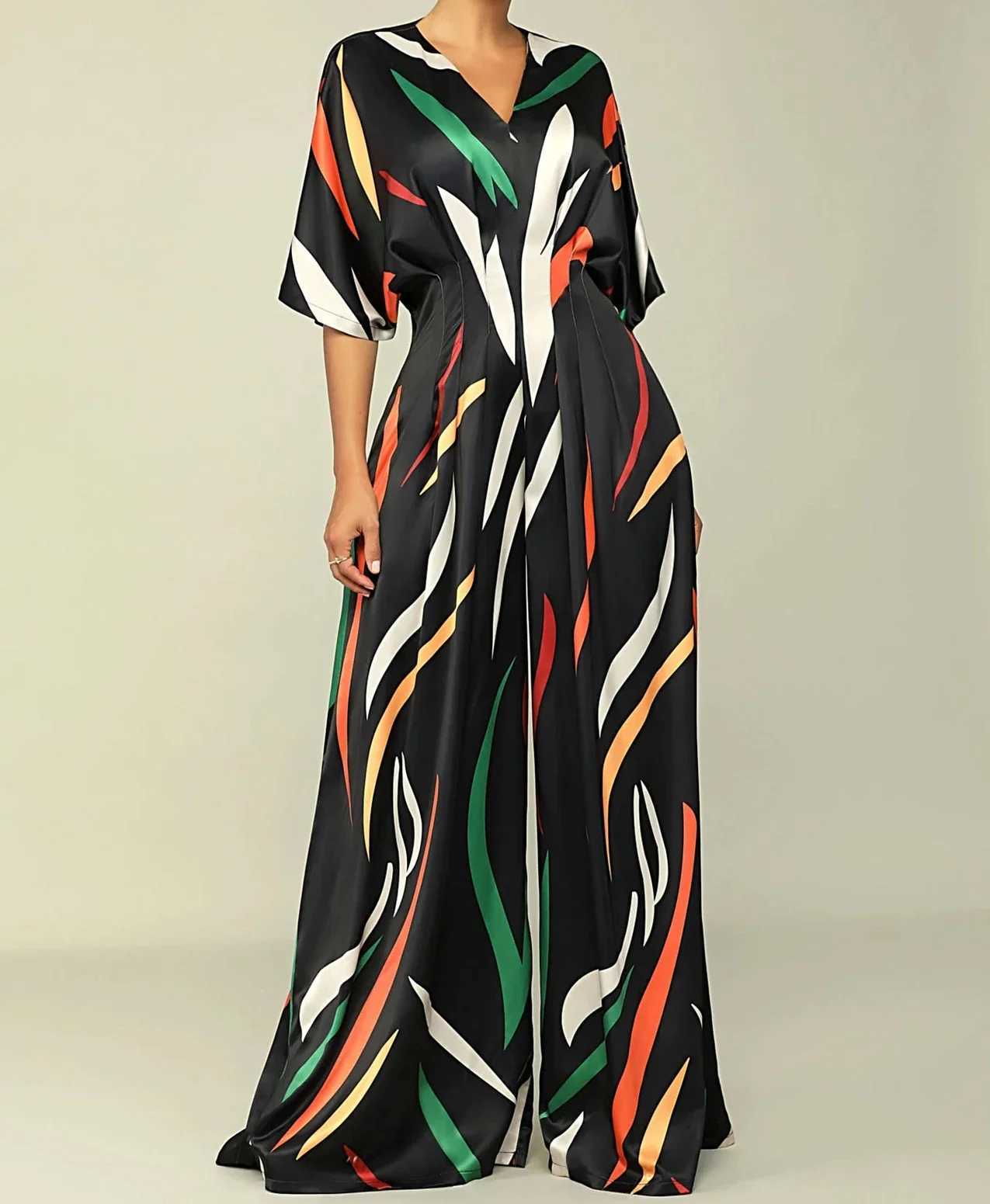 Jumpsuit women Fashion Spring New Print Half Sleeve V-Neck Wide Leg Loose Casual Temperament Jump suits Casual Overalls M240926