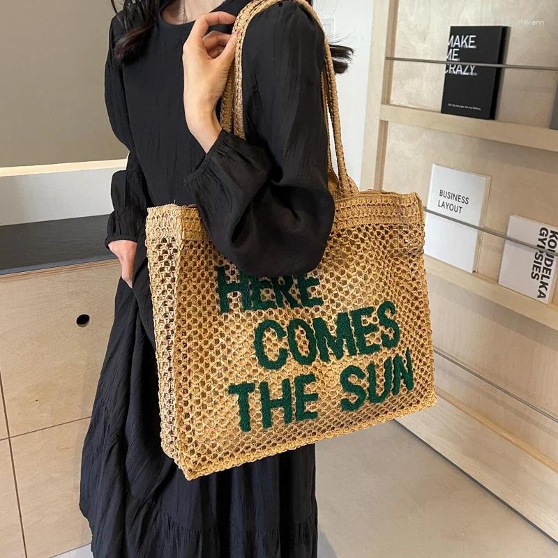 Drawstring Summer Crochet Women Large Capacity Straw Braid Shoulder Portable Beach Letter Handwoven Handbags Casual Bags