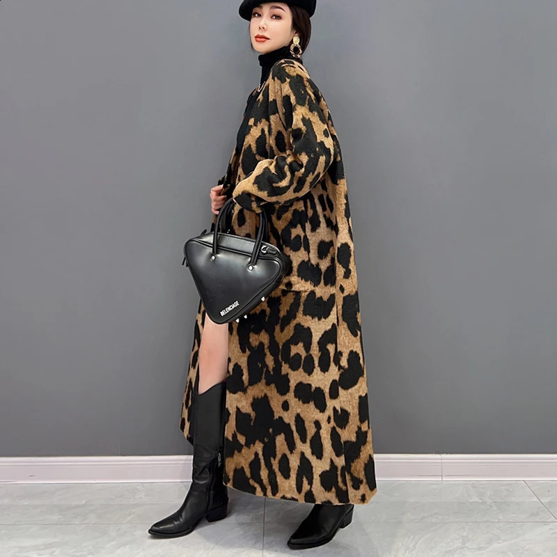 Winter Woman Trench Coat Long Jacket Single Breasted Brown Leopard Print Loose Fit Oversized Windbreaker Outerwear JJCT029 240926