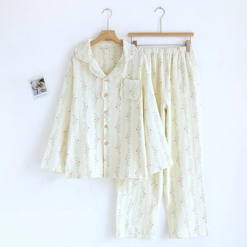 100% cotton Gauze womens sleepwear spring and autumn 2piece evening gown casual wear 240926