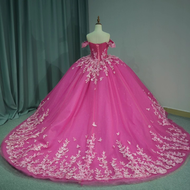 Rose Red Shiny Quinceanera Dresses Elegant Off The Shoulder Beads Crystal Bow Tull Corset Princess Sweet 16 Dress Vestidos 15 De Anos