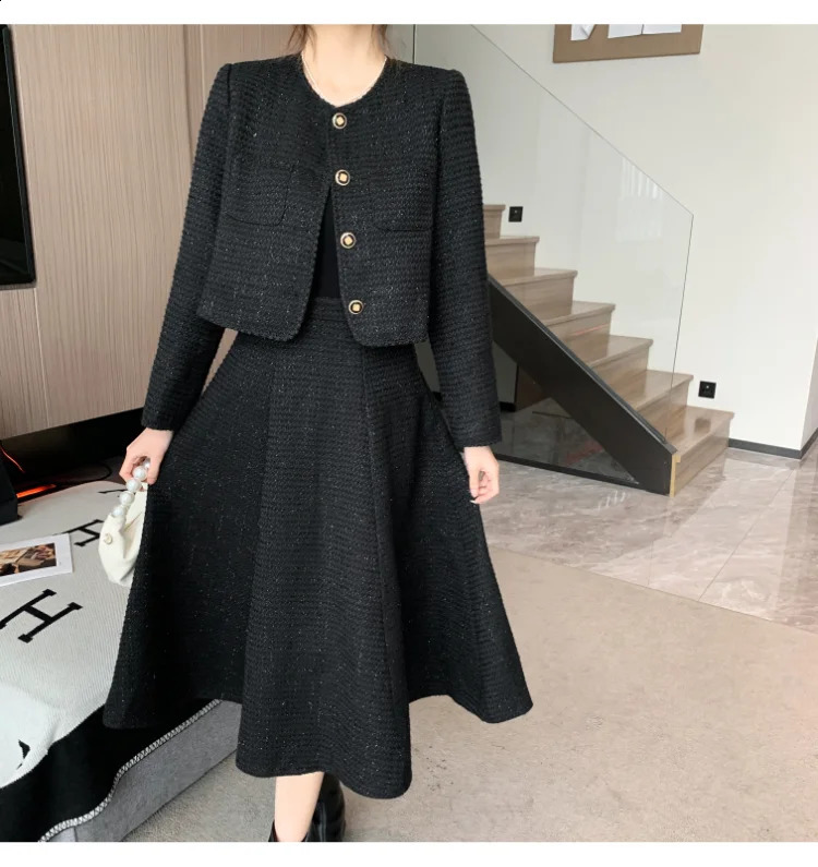 High Quality French Two Piece Set Women Tweed Solid Simple ONeck Long Sleeve Jacket CoatHigh Waist Skirt Suit Autumn Clothes 240926