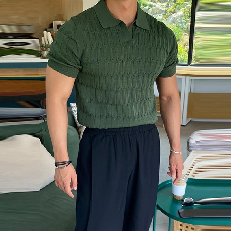 Casual Jacquard Knit Polo Shirt Men Fashion Solid Elastic Knitted Slim Tops Summer Vintage Short Sleeve Polo Tee Mens Streetwear 240927