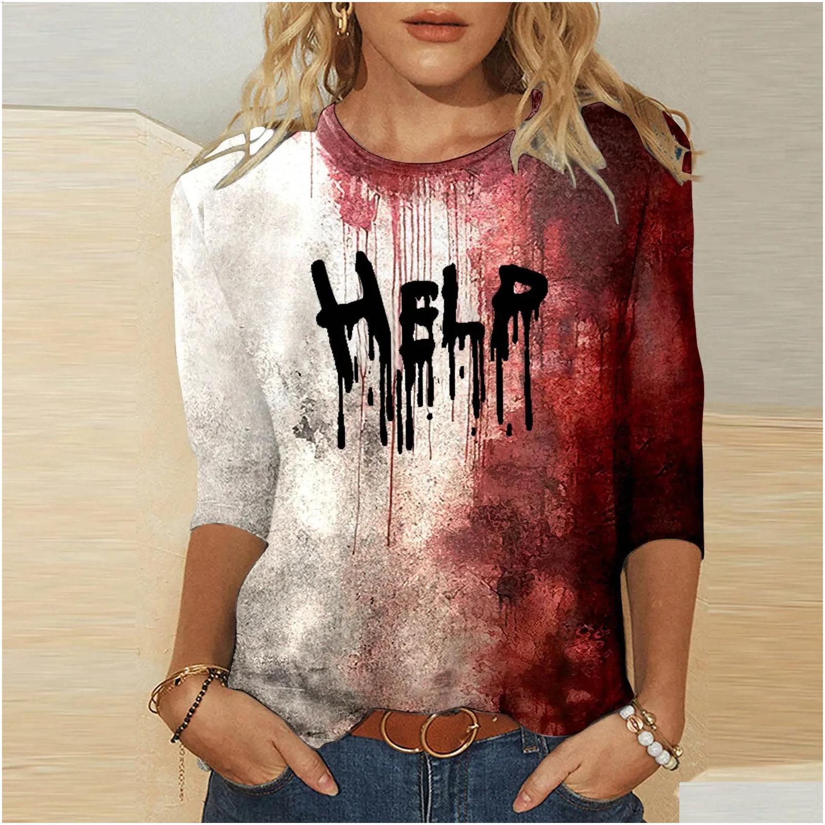 T-Shirt Problem Solved Bloody Fonts Tshirt Halloween Ladies Printed Long Sleeve Crew Neck T Shirt Top Distressed Slim Party Y2K Cloth Dhjfd