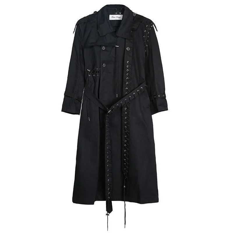 2023 Double Chest Brushed Patch Work Techwear Trench Jacket Mens Hip Hop Punk Long Jacket Street Fashion Gabardina Hombre W240926