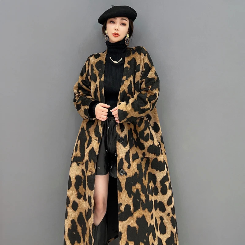 Winter Woman Trench Coat Long Jacket Single Breasted Brown Leopard Print Loose Fit Oversized Windbreaker Outerwear JJCT029 240926