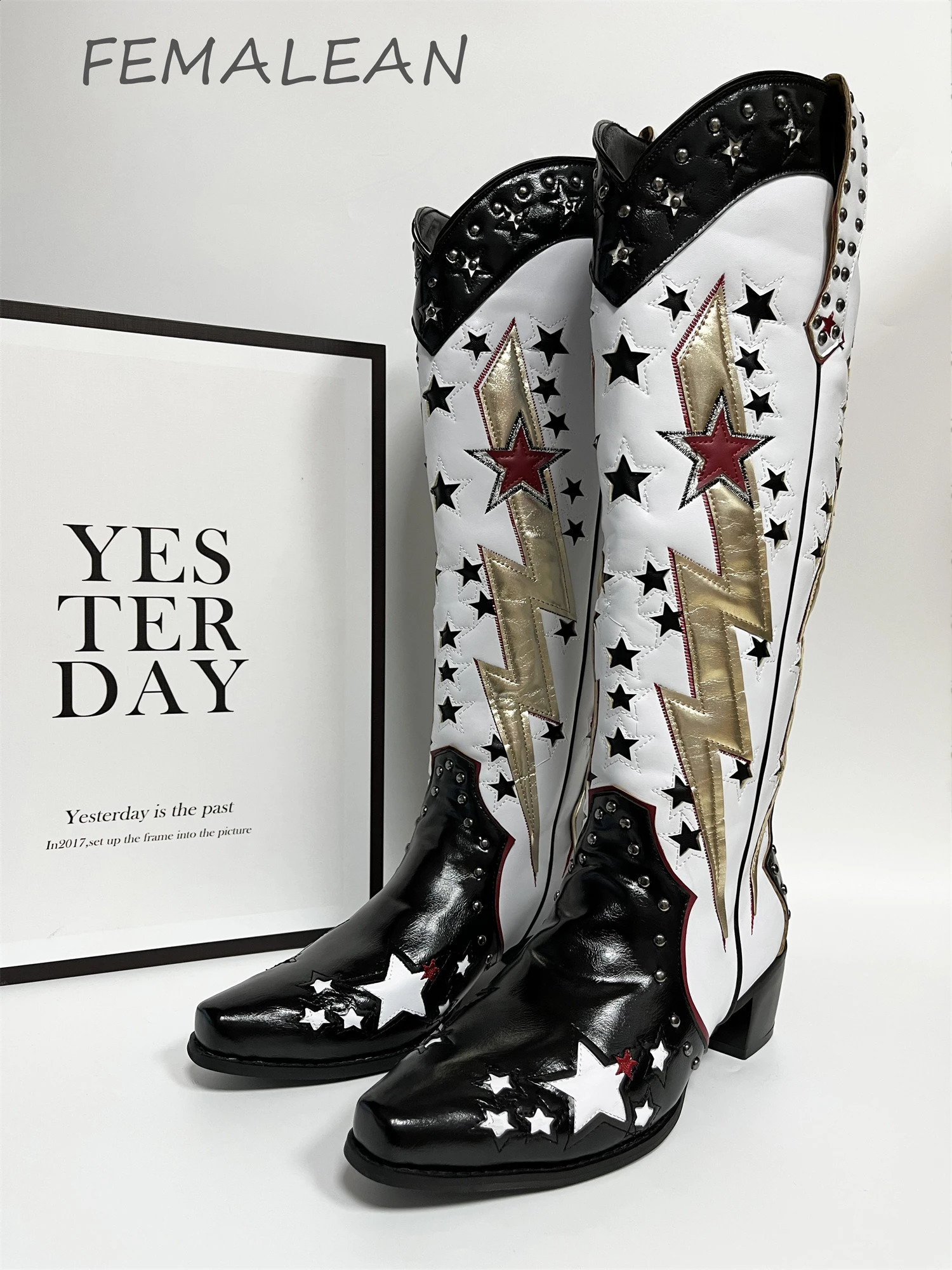 Cowgirl Snip Toe Metallic Gold Lightning Bolts Studded Stars Patent Black Toe High Heels Knee High Cowboy Boots Woman 2024 Trend 240921