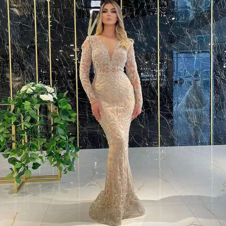 Prom Champagne Dresses Mermaid Long Sleeves V Neck D Lace Sparkly Appliques Sequins Or Length Celebrity Hollow Evening Dress Bridal Gowns Plus Size Cu