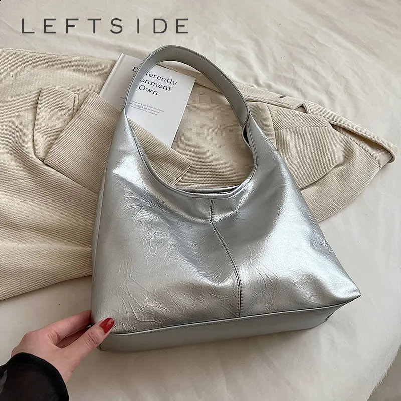 LEFTSIDE Silver Shoulder Bags for Women Leather Hobo Bag Fashion Female Y2k High-capacity Leather Handbags 240926