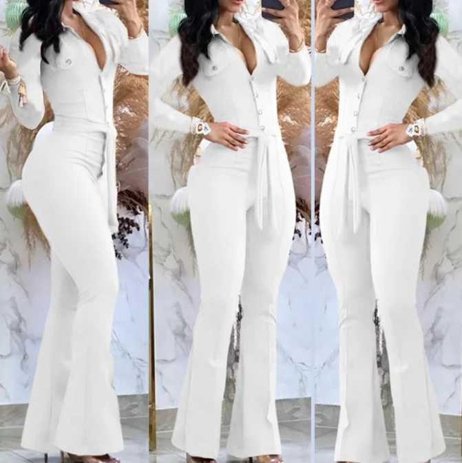 Jumpsuit Women Turn-Down Collar Long Sleeve Belt Button Wide Leg Solid Color Elegant Fashion Casual Office Lady M240926