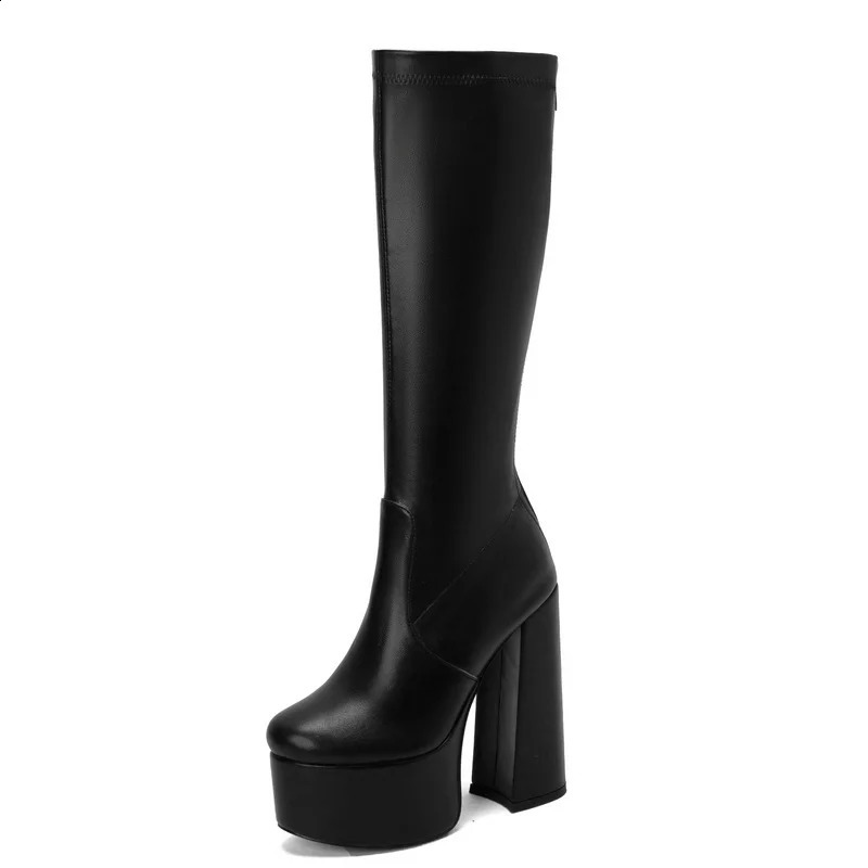 Plus Size 43 Platform Square High Heels Womens Knee High Boots Artificial Suede High Quality Round Toe Dress Womens Boots Black Brown 240926