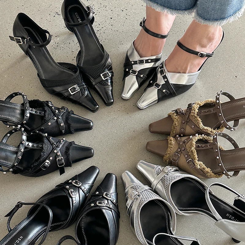 New sexy T-shaped strap womens high heels womens slider angle toe mule rivet womens thin high heels shoes 240925