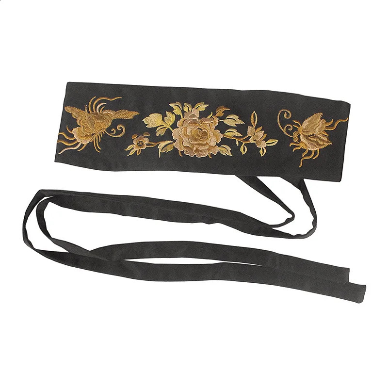 Black retro embroidered wide waistband womens embroidered decorative Chinese ethnic style belt suitable for dresses and Hanbok 240924