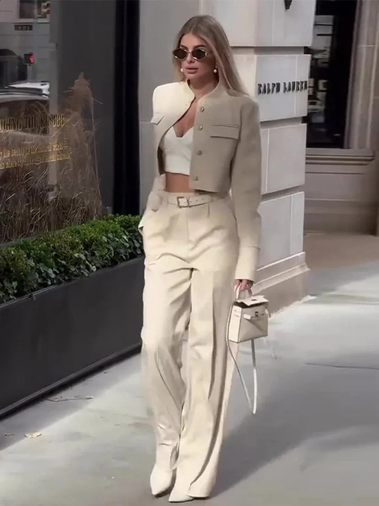 Casual Solid Short Coat Pants Set Womens Single Chest Pocket Long Sleeve Jacket Wide Leg Trousers Autumn Set 240927