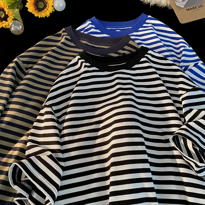 Classic Korean striped T-shirt casual O-neck T-shirt color blocked horizontal striped short sleeved T-shirt 240927