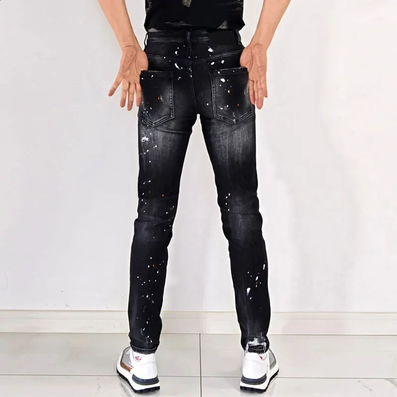 Street fashion mens jeans high-quality retro black gray elastic slim fit open top jeans mens er hip-hop jeans 240927