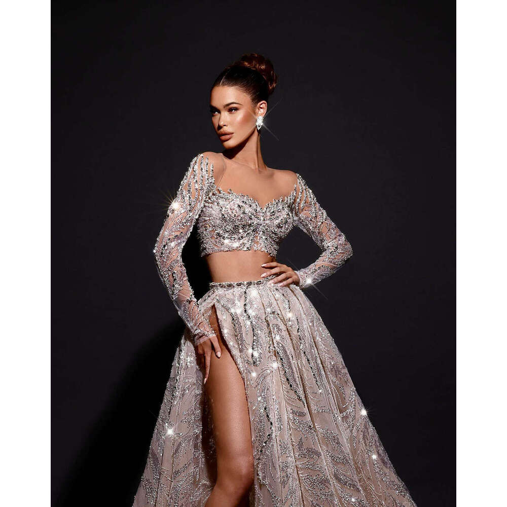 Dresses Wedding A E Crystal Sequined Split Show Waist Long Sleeve Princess Bridal Gown Vestido De Novia Custom Made