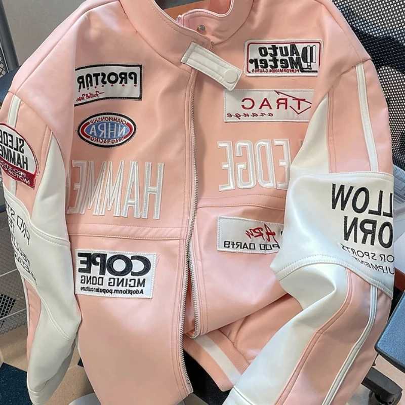 Pink European and American style high-end motorcycle leather jacket workwear baseball uniform high street sweet cool jacket W240926