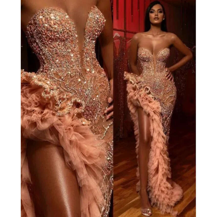 Dresses Sexy Peach Evening Wear For Women Mermaid Sweetheart Crystal Beading High Side Split Or Length Formal Prom Dress Party Gowns mal