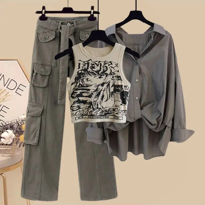 Spring/Summer Set Womens Retro Shirt Versatile Tank Top Fashion Wide Leg Pants 3-Piece Set Trendy 240927