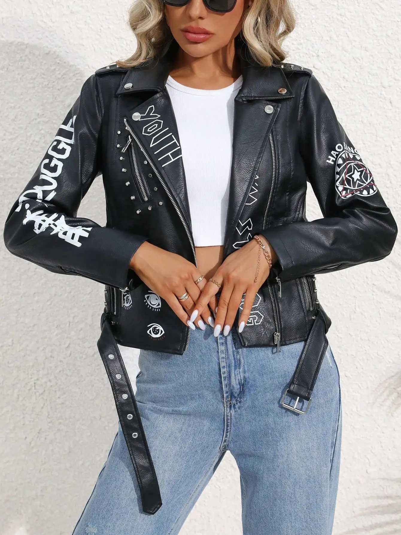 Fitaylor womens artificial PU leather jacket casual womens lapel zipper graffiti printed leather jacket motorcycle rivet jacket W240926