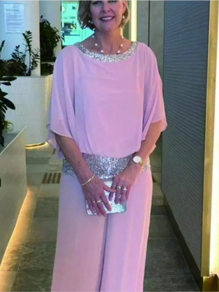 Fashion Sequin Splicing Chiffon Shirt Womens Suit Bat Short Sleeve Wide Leg Pants Summer Elegant Female Office 2 Piece Set 240927