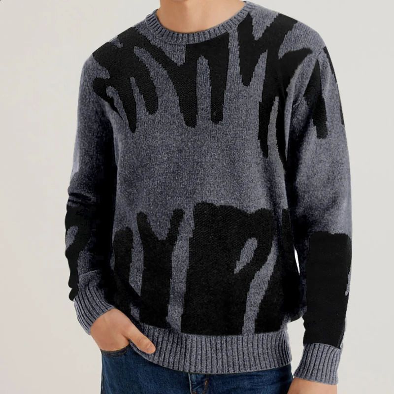 Winter Mens Korean Trend Round Neck Loose Colorblocking Sweater Vintage Y2K Casual Personality Hip-Hop Street Knit Tops 240927