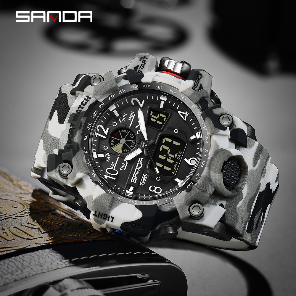 SANDA 3358 Outdoor Electronic Men's Watch Display Quartz Men's Clock Sports Military Watch Camouflage LED Digital Watch 07