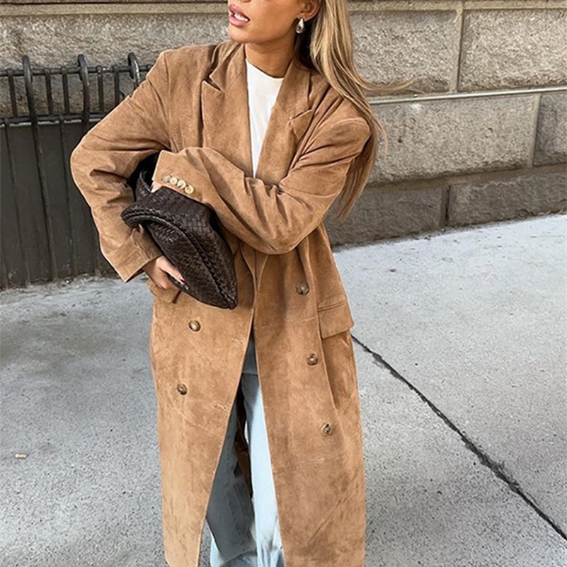 Elegant Suede Leather Women Long Windbreaker Coats Chic Lapel Double Breasted Lady Oversize Jacket 2024 Autumn Street Streetwear 240926
