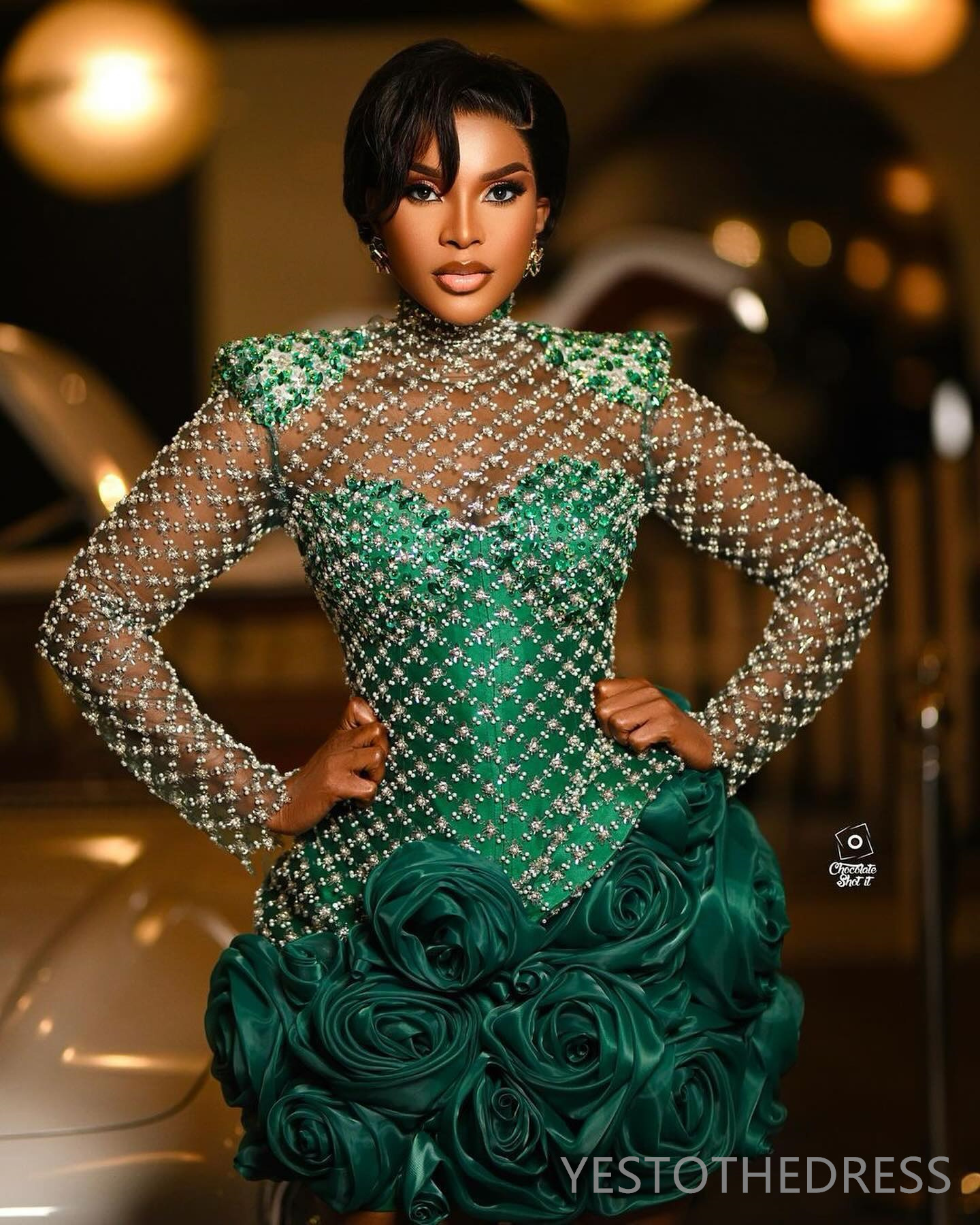 2024 Aso Ebi Green Cocktail Dresses For Women Short Prom Dresses Mini Dresses High Neck Long Sleeves Beaded Lace Flora Birthday Dresses For Special Oc