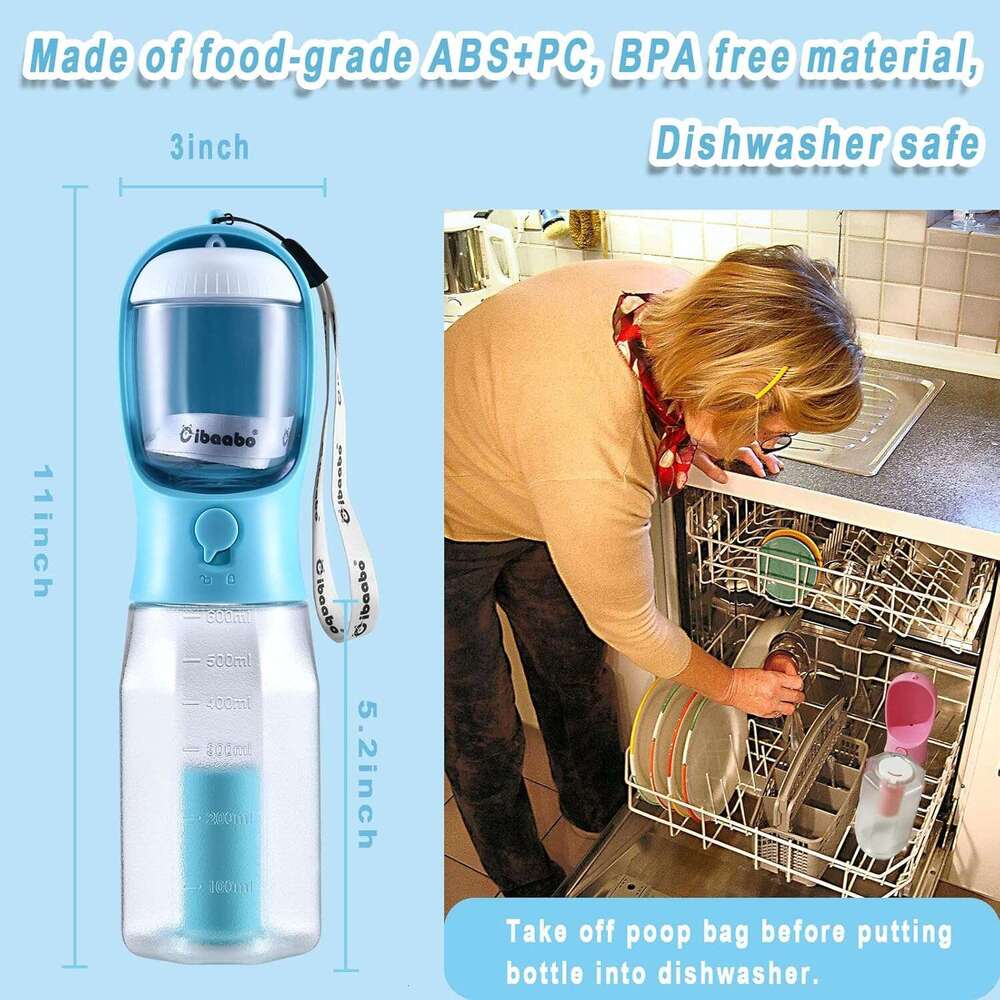 Cibaabo Dog Water Bottle with Food Container & Poop Bag Holder, Travel Water Bowl, Portable Pet Dispenser, Dog Stuff Accessories Items, Puppy Essentia