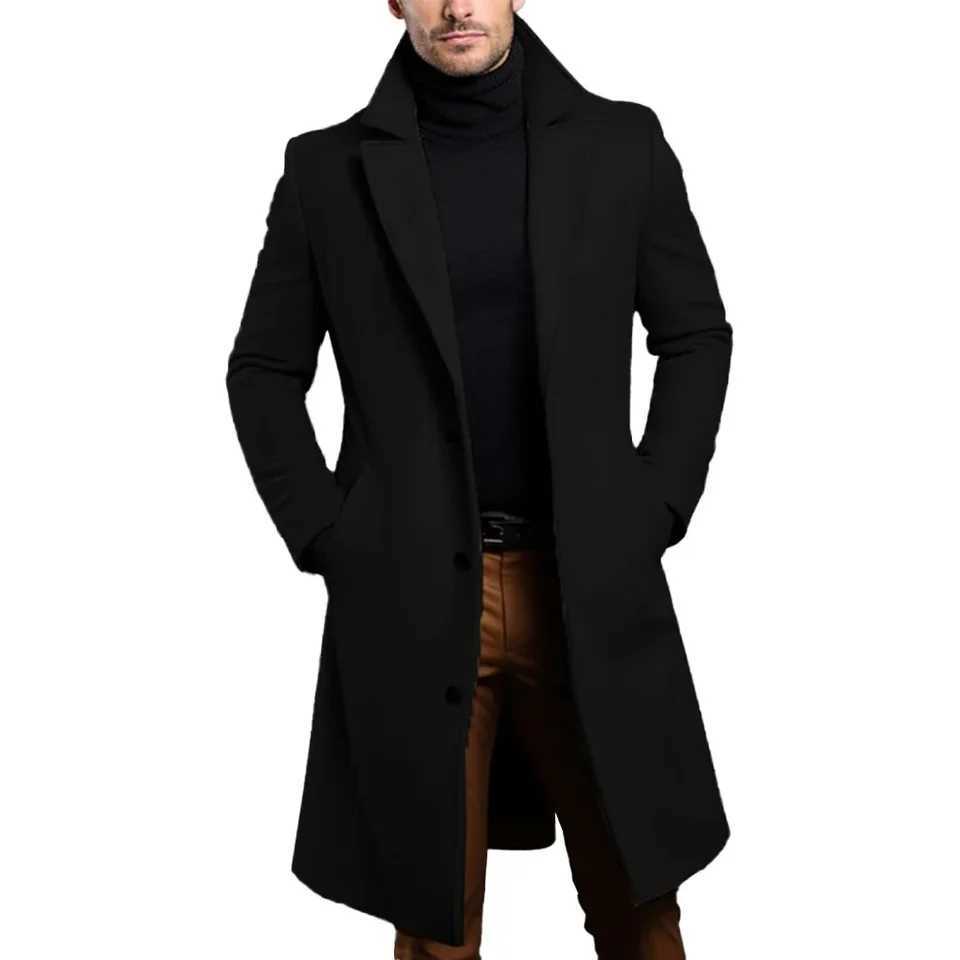 Warm and comfortable mens black trench coat long sleeved single chest coat suitable for autumn and winter W240926