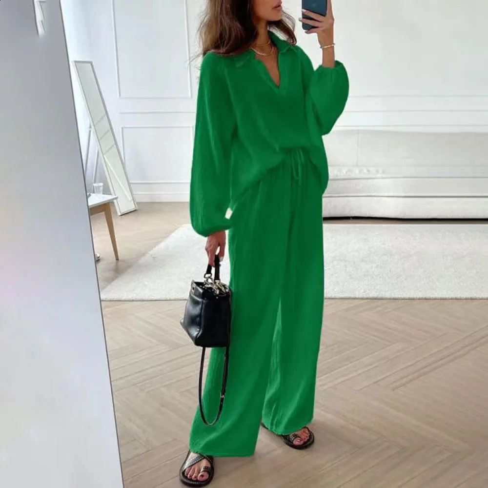 Casual long sleeved top and pants set for women fashion V-neck shirt wide leg pants two-piece set elegant womens clothing 240927