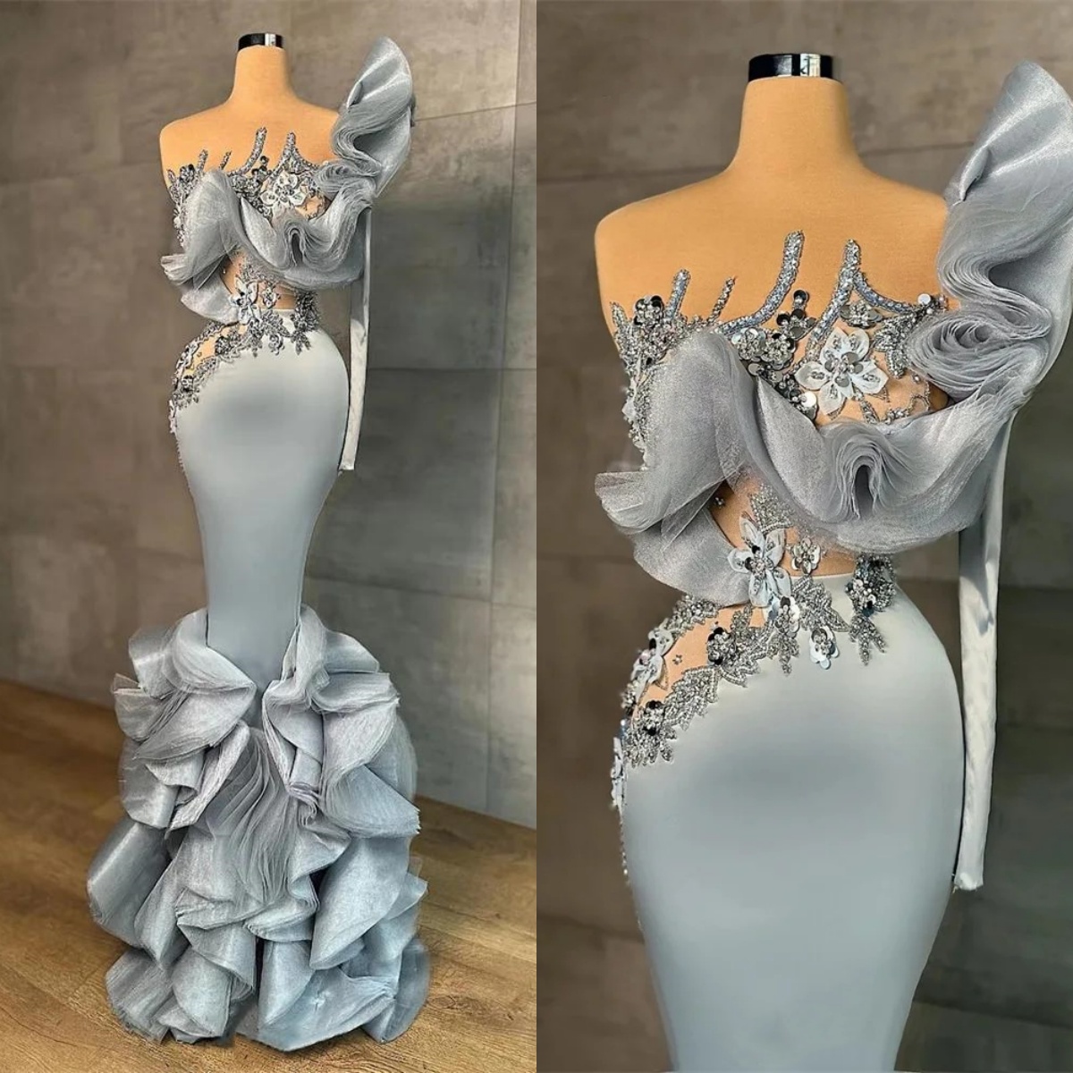 Stylish Evening Dresses Sequins Appliques Prom Gowns 3D wers One Shoulder Ruffle Tail Mermaid Custom Made Party Vestidos de noche