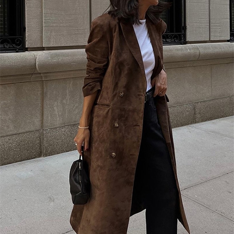 Elegant Suede Leather Women Long Windbreaker Coats Chic Lapel Double Breasted Lady Oversize Jacket 2024 Autumn Street Streetwear 240926