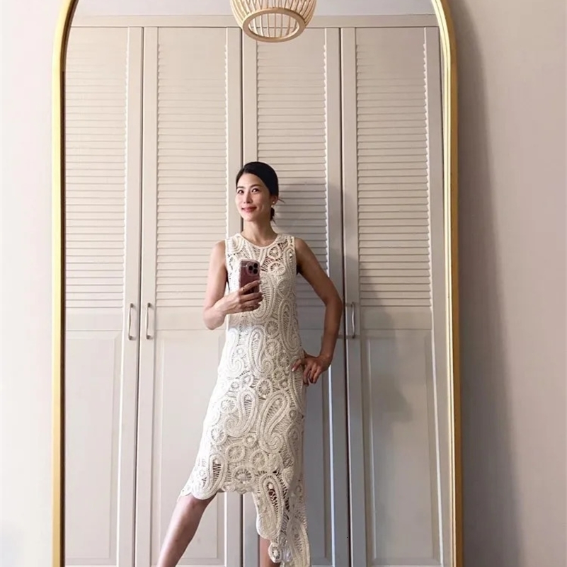 Crochet Knitted Asymmetric Womens Dress Set Chic Oneck Sleeveless Top Short Lining Skirt Suit 2023 Fashion Fairy Sweet Outfits y240926