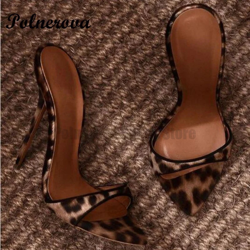 Leopard Print high heels slider womens summer slim high heel angle open high heels suede sexy flip up plus size sandals 240925
