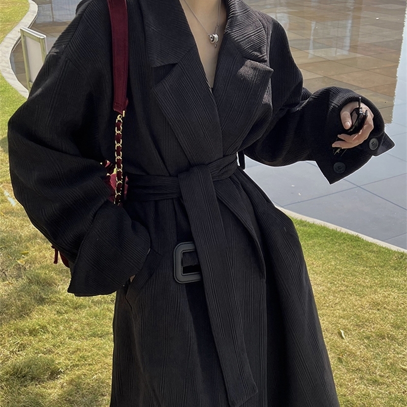 Lautaro Spring Autumn Long Brown Black Striped Oversized Trench Coat for Women Belt Clothes Runway Fashion 240926