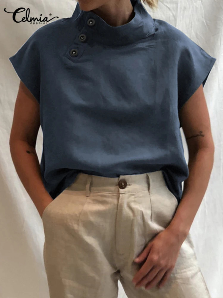 Celmia Fashion Women Blouses 2024 Summer Cotton Linen Blusas Mujer Stylish White Shirt Elegant Short Sleeve Tunics Lightweight 240926
