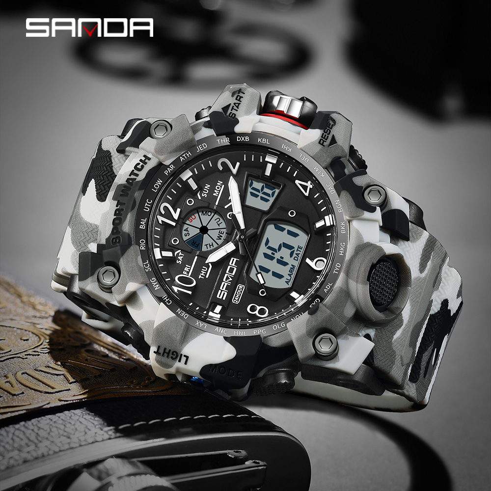 SANDA 3358 Outdoor Electronic Men's Watch Display Quartz Men's Clock Sports Military Watch Camouflage LED Digital Watch 07