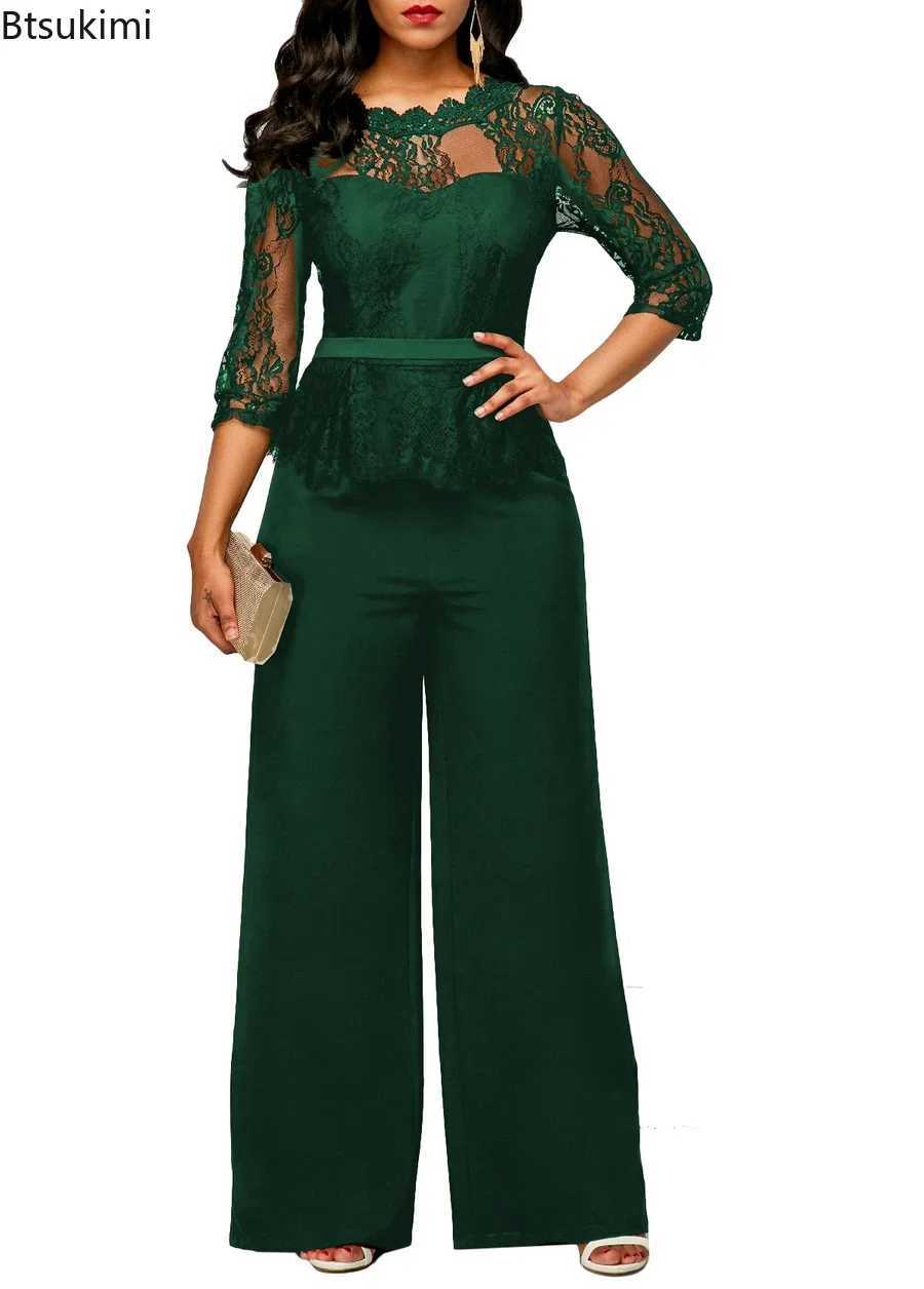 Womens Elegant Lace Jumpsuit Pants Office Ladies Oversized Overalls Hollow Out Lace Sexy See Through Jumpsuit Trousers 5XL M240926