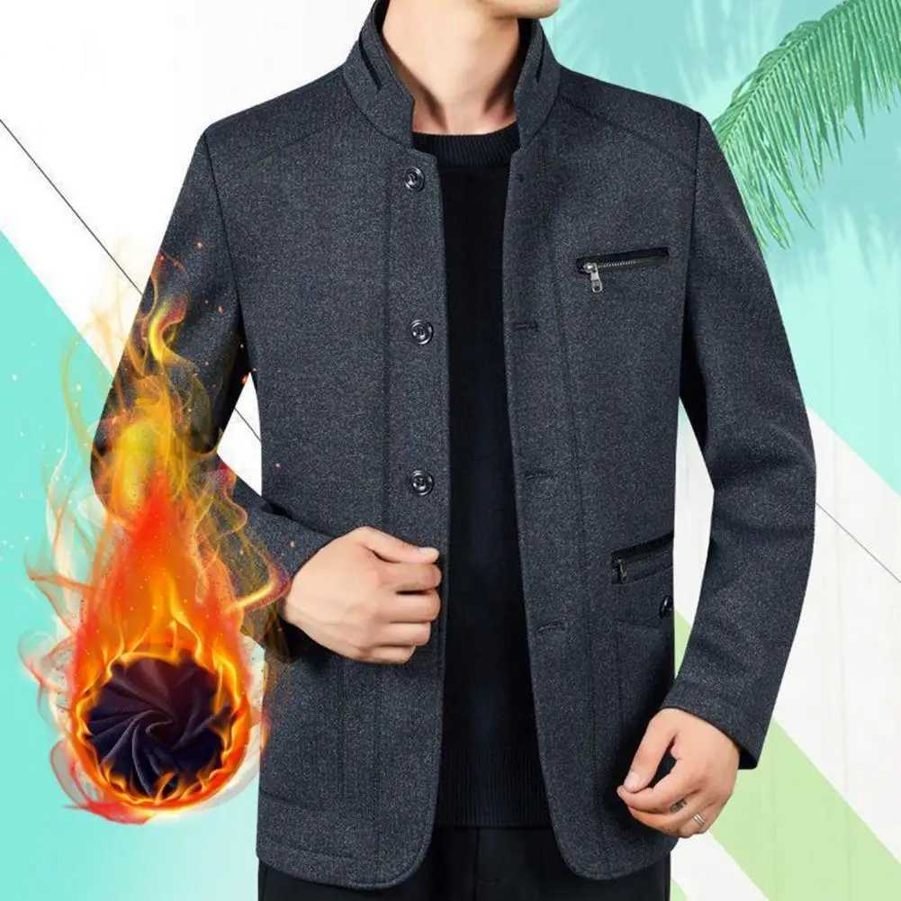 Casual Jacket Mens Thick Plush Lapel Jacket with Zipper Pockets Warm Winter Coat for Father Plus Size Mid Length for AutumnX240926