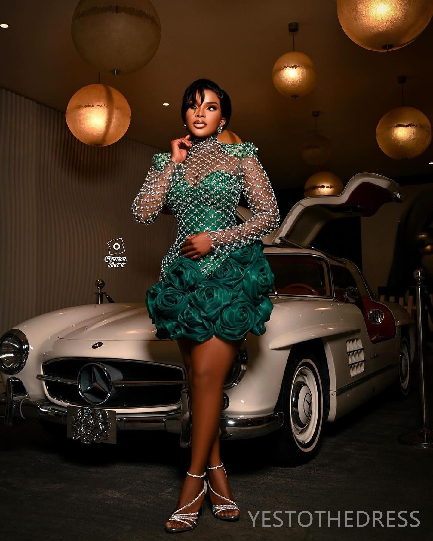 2024 Aso Ebi Green Cocktail Dresses For Women Short Prom Dresses Mini Dresses High Neck Long Sleeves Beaded Lace Flora Birthday Dresses For Special Oc