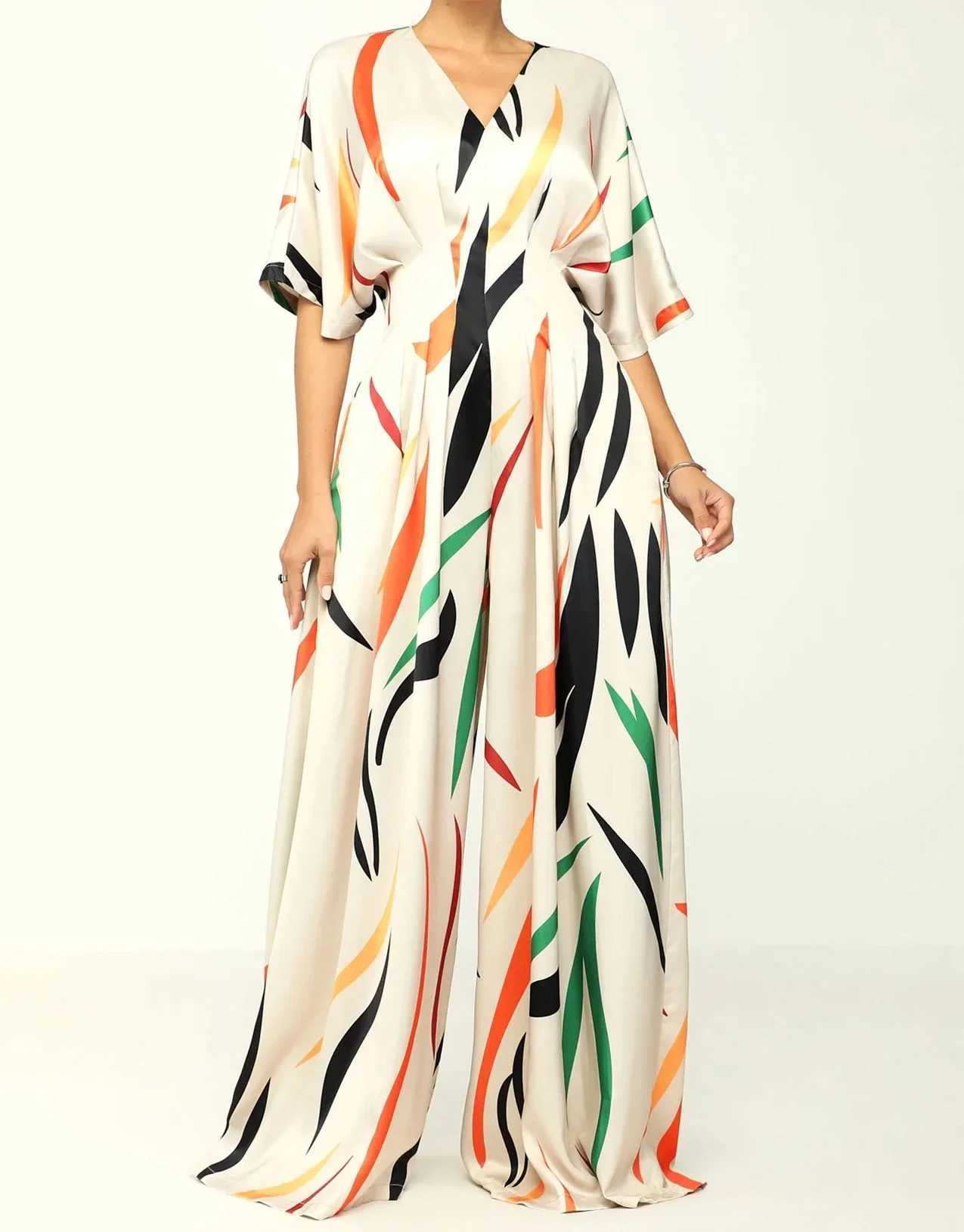 Jumpsuit women Fashion Spring New Print Half Sleeve V-Neck Wide Leg Loose Casual Temperament Jump suits Casual Overalls M240926