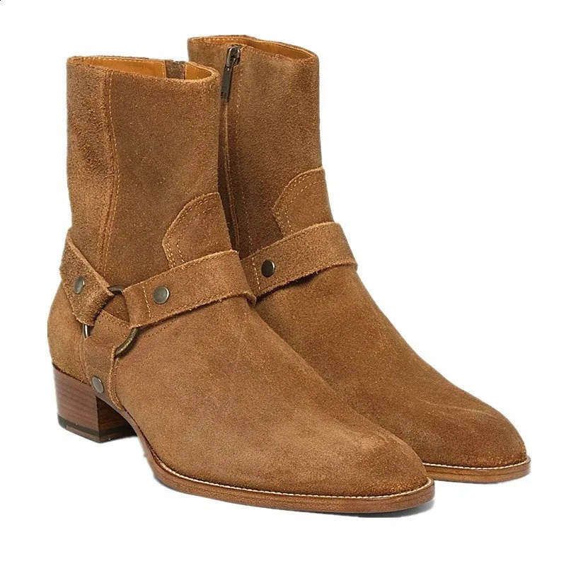 Brown Mens Chelsea Boots Handmade High Quality Cowhide Face Business Casual Square Toe Middle Heel Mens Bicycle Boots 240926