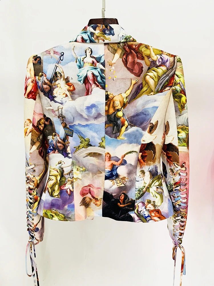 HIGH STREET Latest Fashion er Jacket Womens Retro Art Renaissance Printed Rope Lace Ultra Thin Fit Jacket 240927