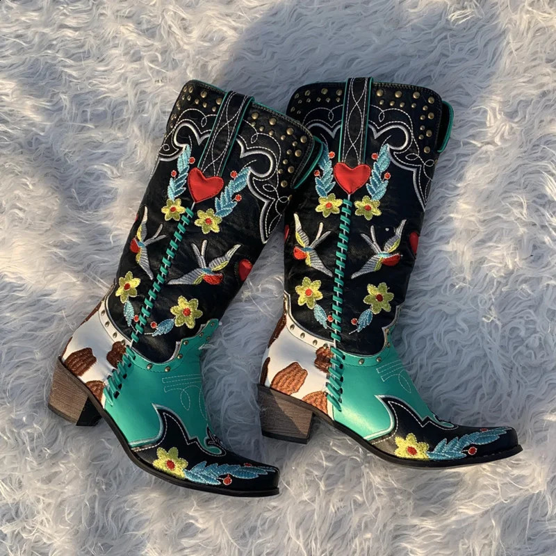 Lanjia Winter Blue Western Cowboy Women Shoes Thick Heels Pointed Toe Embroidered Mid Calf Boots Fashion Cowgirl Booties D